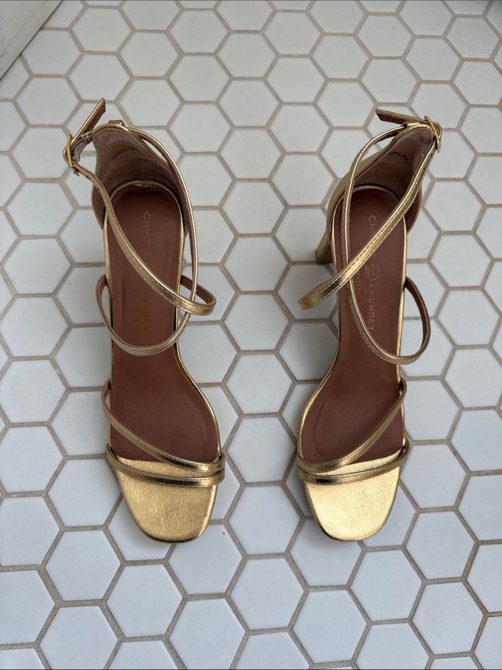 Chinese Laundry Metallic Gold Strappy Block Heels